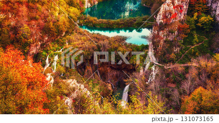 Autumn colors and waterfalls of Plitvice National Park in Croatia, seasonal colorful background 131073165