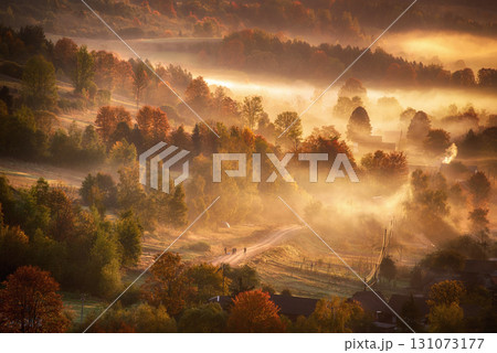 Morning mountain landscape, autumn seasonal background, amazing sunrise Morning mountain landscape, autumn seasonal background, amazing sunrise 131073177