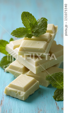 White Chocolate Chunks Stacked with Fresh Mint Leaves on Light Blue Wooden Surface 131073340