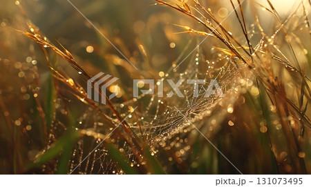 DewKissed Spiderweb on Golden Grass, A Delicate Morning 131073495