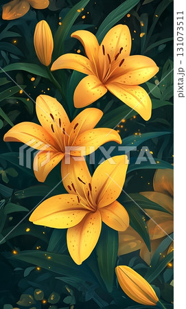 Elegant yellow lilies bloom amidst dark green foliage with gleaming yellow light spots 131073511
