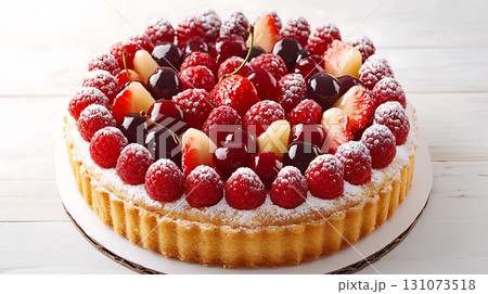 Exquisite fruit tart showcasing raspberries, cherries, and strawberries sprinkled with powdered sugar gleams brightly Exquisite fruit tart showcasing raspberries, cherries, and strawberries sprinkled with powdered sugar gleams brightly 131073518