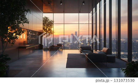 Posh skyline apartment features stunning sunset panoramas, modern furniture, and interior plants for added style Posh skyline apartment features stunning sunset panoramas, modern furniture, and interior plants for added style 131073530