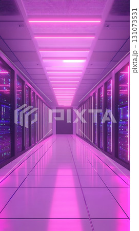 Server room's central aisle glows under neon lights, reflecting on the tile floor and cabinets Server room's central aisle glows under neon lights, reflecting on the tile floor and cabinets 131073531