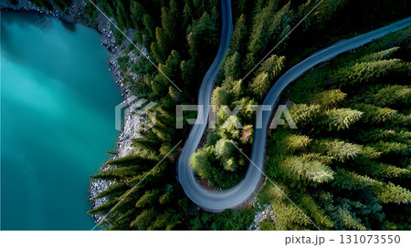 Turquoise Lake Meets Winding Road Through Dense Forest, Aerial View 131073550