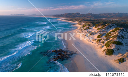 Turquoise Waves and Sandy Dunes Aerial View of a Coastal Landscape at Sunrise 131073552