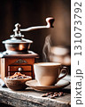 Coffee Grinder and Steaming Cup on a Rustic Table 131073792