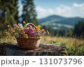 Wildflower Basket on a Tree Stump in Nature 131073796