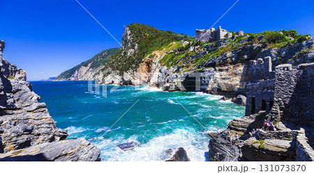 scenic Portovenere. castle on rocks, Cinque terre, Italy 131073870