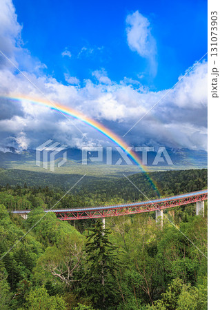 雄大な山並みに架かる虹と三国峠の橋 131073903