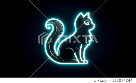 A shadow cat outlined with glowing neon light in a dark void. 131074244