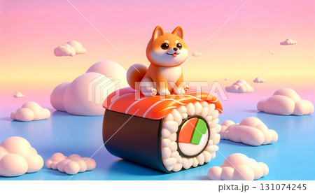A shiba inu sitting on a giant floating sushi roll in pastel skies. A shiba inu sitting on a giant floating sushi roll in pastel skies. 131074245