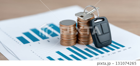 Car key and stacked coins on financial chart conveying automotive expense and savings 131074265