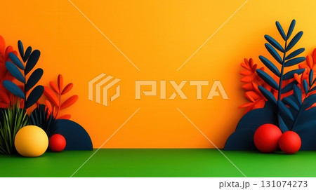 Vibrant Abstract Background with Colorful Leaves and Playful Geometric Shapes 131074273