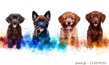Four Adorable Puppies with Colorful Splash Background in Bright Cheerful Style 131074333