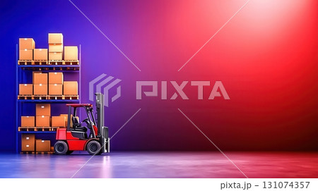 Warehouse Scene with Forklift and Stacked Boxes in a Colorful Background Warehouse Scene with Forklift and Stacked Boxes in a Colorful Background 131074357