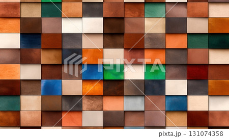 Colorful Abstract Surface with Square Tiles in Various Shades and Textures for Design 131074358