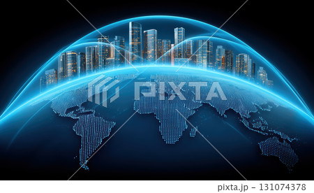 Smart global network city skyline with glowing data connections and futuristic ambiance Smart global network city skyline with glowing data connections and futuristic ambiance 131074378