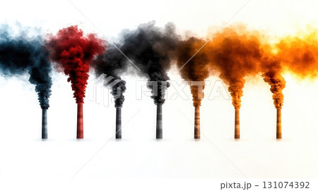 Industrial Pollution Emission from Smoke Stacks in a Dramatic Color Gradient Display 131074392