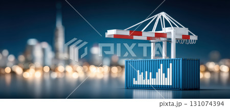 Blue shipping container with crane and financial bar chart visualization night, modern 131074394