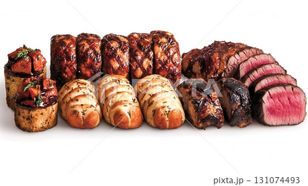 Gourmet Meat Assortment with Fresh Breads and Savory Glazes on White Background 131074493
