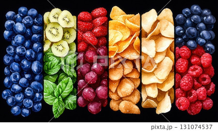 Colorful Arrangement of Fresh Fruits and Chips with Basil on Dark Background Colorful Arrangement of Fresh Fruits and Chips with Basil on Dark Background 131074537