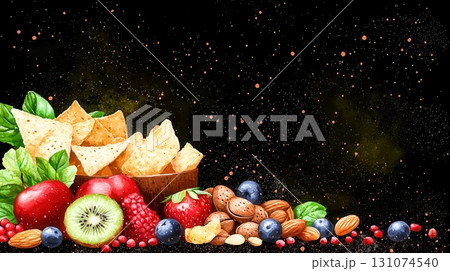 Colorful Array of Fresh Fruits, Nuts, and Crispy Snacks on Dark Background 131074540