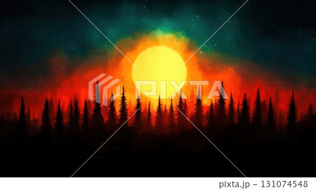 Dramatic Sunset Over Pine Forest with Vibrant Colors and Mystical Atmosphere Dramatic Sunset Over Pine Forest with Vibrant Colors and Mystical Atmosphere 131074548