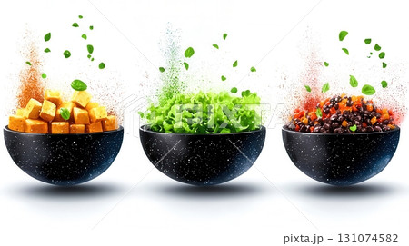 Colorful Fresh Ingredients in Black Bowls with Herbal Sprinkles for Healthy Cuisine Colorful Fresh Ingredients in Black Bowls with Herbal Sprinkles for Healthy Cuisine 131074582
