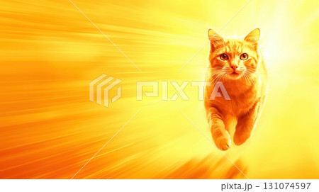 Energetic Ginger Cat Running in Bright Yellow Light with Motion Effect Energetic Ginger Cat Running in Bright Yellow Light with Motion Effect 131074597
