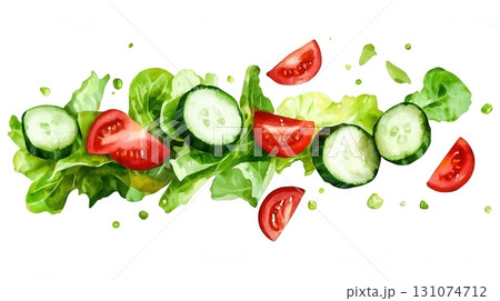 Fresh Slices of Cucumber and Tomato with Crisp Lettuce on White Background Fresh Slices of Cucumber and Tomato with Crisp Lettuce on White Background 131074712