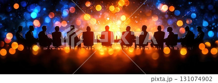 Silhouetted Group at Conference Table Against Colorful Bokeh Light Background 131074902