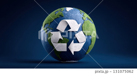 Recycling symbol on textured earth globe, environmental sustainability concept, hopeful 131075062