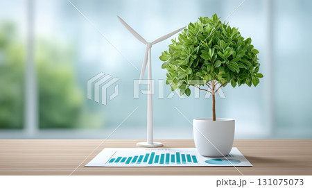 Potted plant, wind turbine model, sustainability report, eco concept, green growth 131075073