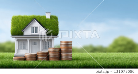 Eco house with grass roof and stacked coins showing sustainable investment and growth 131075086