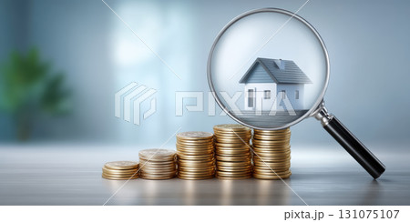 House model under magnifier over stacked coin columns showing careful property investment focus 131075107