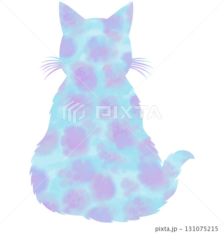 綺麗な水彩模様のネコの後ろ姿のシルエットのアイコンのイメージのイラスト 131075215