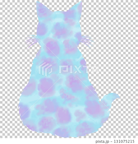 綺麗な水彩模様のネコの後ろ姿のシルエットのアイコンのイメージのイラスト 131075215