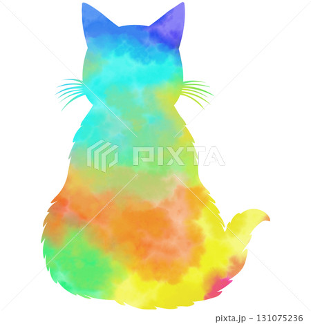 綺麗な水彩模様のネコの後ろ姿のシルエットのアイコンのイメージのイラスト 131075236