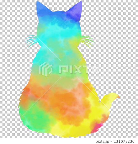綺麗な水彩模様のネコの後ろ姿のシルエットのアイコンのイメージのイラスト 131075236