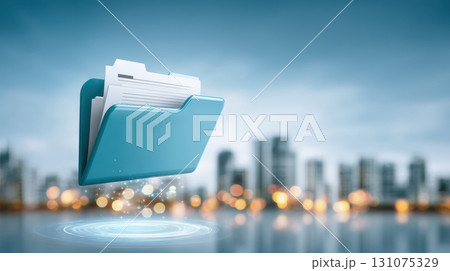 Floating blue folder with document inside over digital data portal, city skyline bokeh background, modern cloud storage concept, glowing particles 131075329