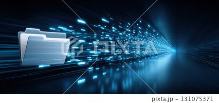 Digital folder with streaming data particles racing through neon tunnel, conveying fast file transfer and secure cloud movement Digital folder with streaming data particles racing through neon tunnel, conveying fast file transfer and secure cloud movement 131075371