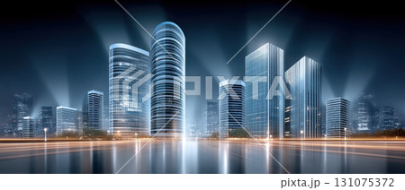 Modern city skyline at night with illuminated glass skyscraper and reflective water, futuristic mood and dynamic light trails 131075372