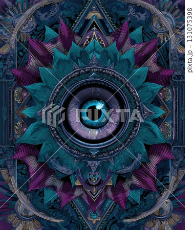 A psychedelic mandala-like design with a large central blue eye surrounded by intricate floral and geometric patterns 131075398