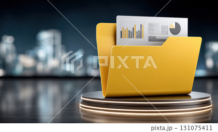 Yellow folder with financial report and chart on glossy podium showing data insight and business analysis mood 131075411