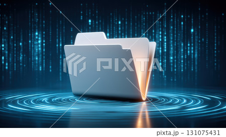Digital folder glowing with data streams and futuristic rings, secure file storage concept with subtle warm light 131075431