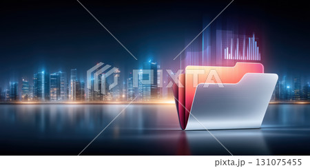 Digital folder with glowing data visualization over futuristic city skyline, dynamic and modern tech scene evoking innovation and connectivity 131075455