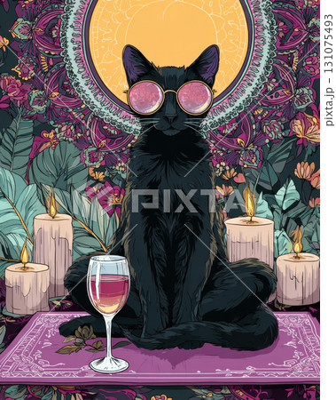 A mystical black cat wearing pink round glasses sits among candles and flowers with a glowing mandala behind it A mystical black cat wearing pink round glasses sits among candles and flowers with a glowing mandala behind it 131075493