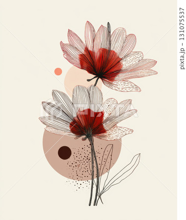 two delicate flowers with fine black lines, red centers, and geometric beige and peach shapes in the background two delicate flowers with fine black lines, red centers, and geometric beige and peach shapes in the background 131075537