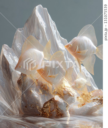 Three shimmering translucent fish swim gracefully around glowing crystalline rocks with golden accents 131075539